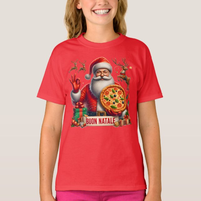 Camiseta Buon Natale Italian Santa with Pizza & Reindeer  (Frente)
