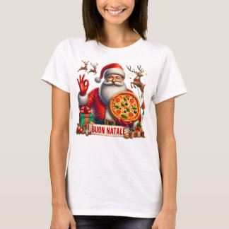 Camiseta Buon Natale Italian Santa with Pizza & Reindeer
