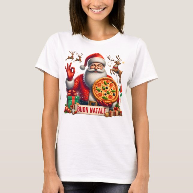 Camiseta Buon Natale Italian Santa with Pizza & Reindeer  (Frente)