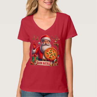 Camiseta Buon Natale Italian Santa with Pizza & Reindeer