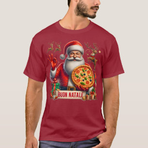 Camiseta Buon Natale Italiana Papais noeis com Pizza e Rein