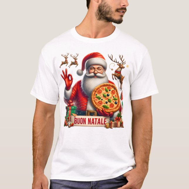 Camiseta Buon Natale Italiana Papais noeis com Pizza e Rein (Frente)