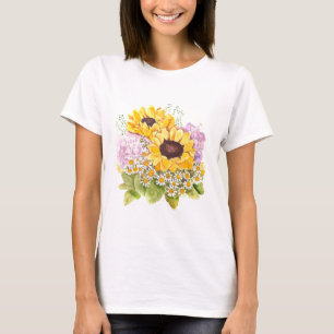 Camiseta buquê amarelo girassol magenta hydrangea