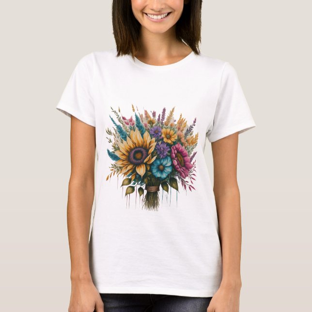 Camiseta "Buquê Arco-Íris de Blooms" (Frente)