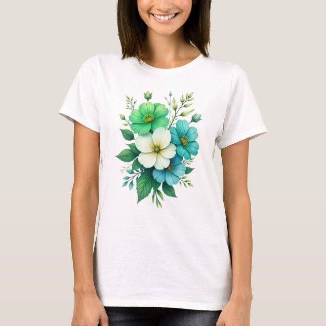 Camiseta Buquê de Flores Brancas Azuis-57453 (Frente)