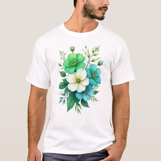 Camiseta Buquê de Flores Brancas Azuis-57453 (Frente)