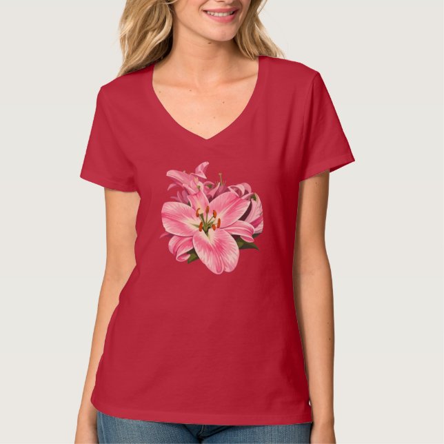 Camiseta Buquê de Flores de Lírio Rosa com Decote em V (Frente)