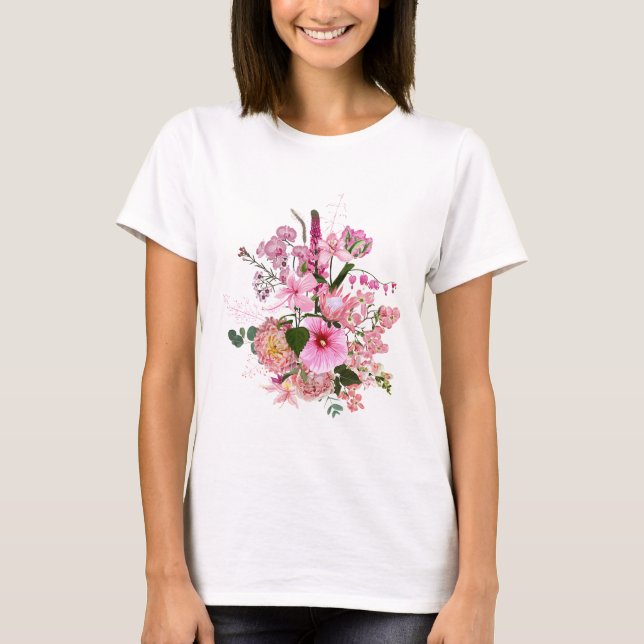 Camiseta buquê de flores rosa primavera tropical. (Frente)