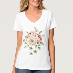 Camiseta Buquê de Peônia Macia Elegância em Aquarela