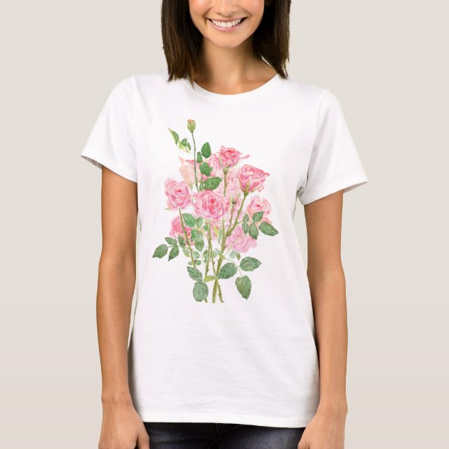 Camiseta buquê de rosa rosa pintado à mão (Frente)