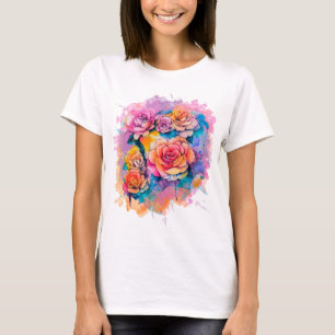 Camiseta Buquê de Rosas com Pingos de Tinta em Aquarela Mod
