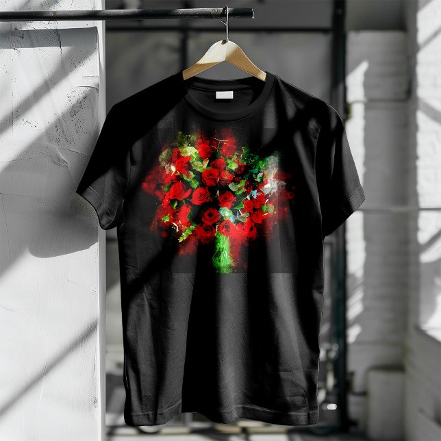 Camiseta Buquê de Rosas Vermelhas Aquarela em Fundo Preto (Red Roses Bouquet Watercolor on Black Background. Men Basic Black T-Shirt)