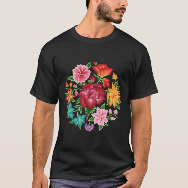 Camiseta Buquê Floral Mexicano (Fundo Negro) (Frente)