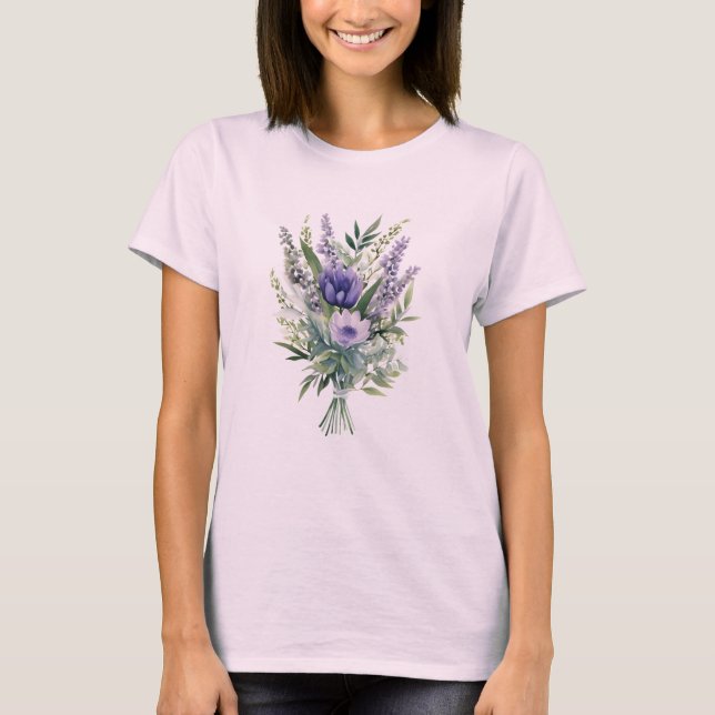 Camiseta Buquê Floral Verde Flor de Lavanda Roxa (Frente)