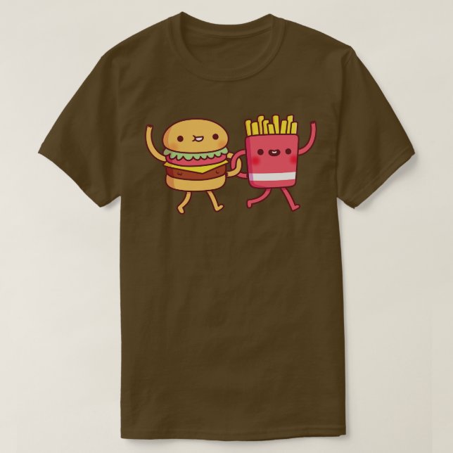 Camiseta Burger Cute E Fries Que Ligam Besties De Braços (Frente do Design)