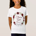 Camiseta Burgundy Red Floral Wreath Wedding Flower Girl<br><div class="desc">Esta camiseta fofa foi desenhada como um presente ou favor para a sua florista de casamento. O design apresenta uma coroa de rosas pintados manualmente de aquarela em tons de burgundy, vermelho e rosa-pincel com texto escrito "Flower Girl" e um lugar para seu nome. Uma maneira perfeita de a obrigado...</div>