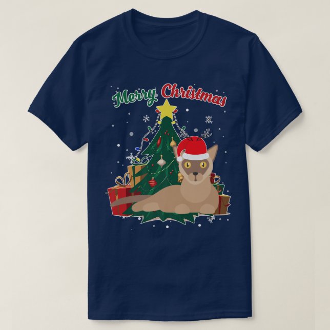 Camiseta Burmanês Cat Árvore de Natal Neve Flakes Xmas Pres (Frente do Design)