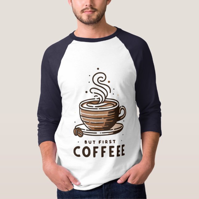 Camiseta But First Coffee Striped Cup Line Art Design (Frente)
