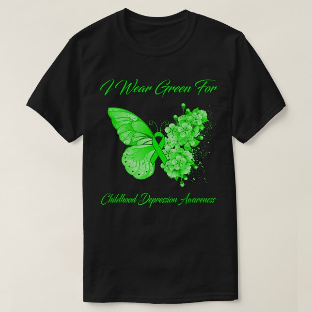 Camiseta Butterfly I Wear Green For Childhood Depression Aw (Frente do Design)
