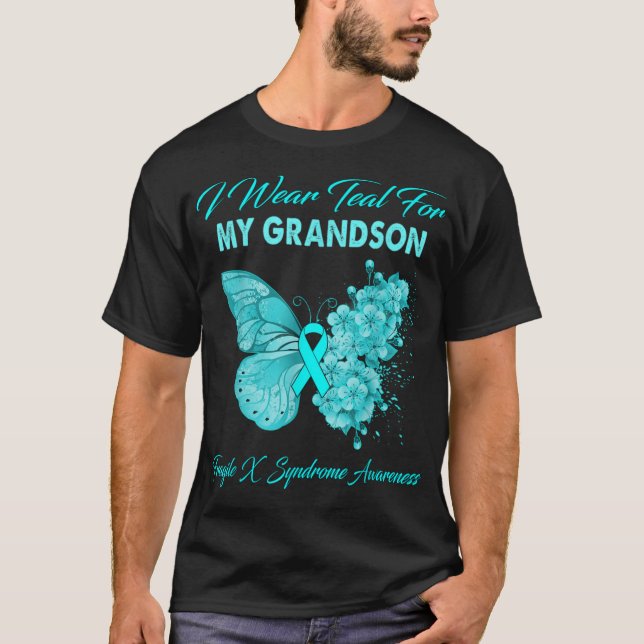 Camiseta Butterfly I Wear Teal For My Grandson Fragile X Sy (Frente)