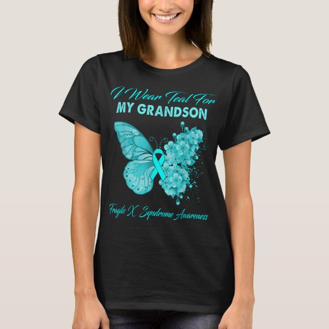 Camiseta Butterfly I Wear Teal For My Grandson Fragile X Sy (Frente)