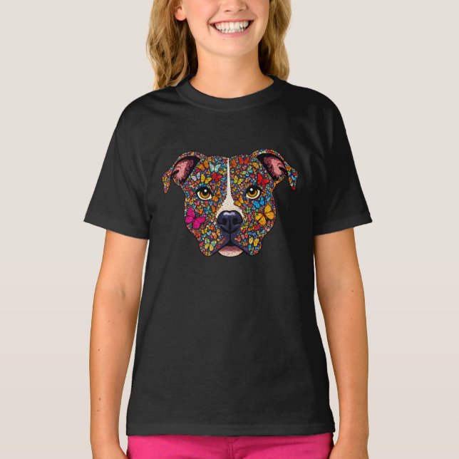Camiseta Butterfly Kaleidoscope Art Pitbull Portrait Kids (Frente)