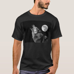 Camiseta BW Wolf Howling na Lua