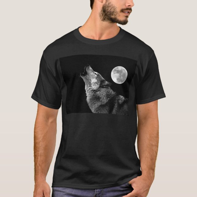 Camiseta BW Wolf Howling na Lua (Frente)