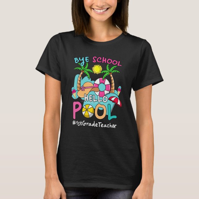 Camiseta Bye Bye School Hello Piscina 1rua Grau Professor V (Frente)
