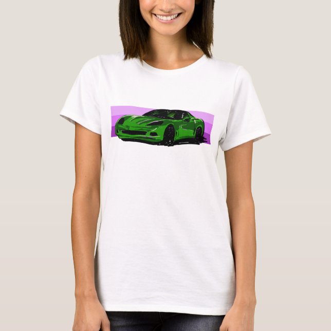 Camiseta C6 Corvette Verde Brilhante Tinta Rosa (Frente)