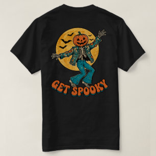 Camiseta Cabeça de Abóbora Dançante Esqueleto Retro Assusta