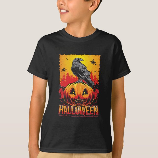 Camiseta Cabeça de Abóbora do Halloween com Corvo (Frente)