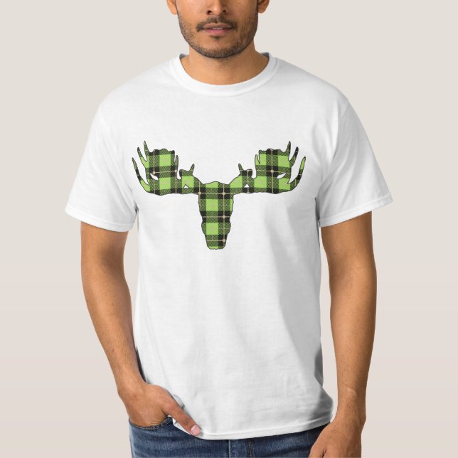 Camiseta Cabeça de alce verde e Xadrez preta (Frente)