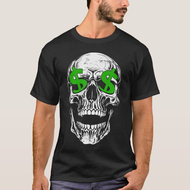 Camiseta Cabeça de crânio de esqueleto com sinal verde em d (Frente)