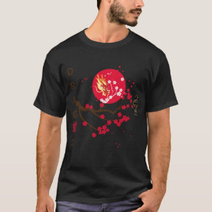 Camiseta Cabeça de dragão na lua vermelha com flor de cerej