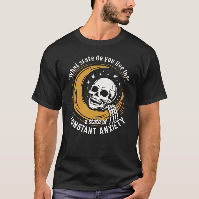 Camiseta Cabeça de Esqueleto Surgindo sobre a ansiedade cre (Frente)