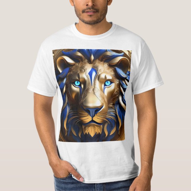 Camiseta Cabeça de Leão Azul e Dourada, (Frente)