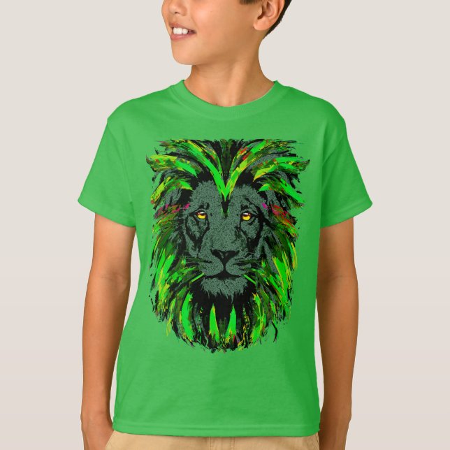 Camiseta Cabeça de Leão Verde - Desenho Do Retrato Face De  (Frente)