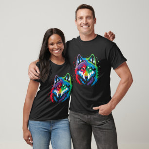 Camiseta Cabeça de Lobo Arco-íris Colorida Arte de Animais 