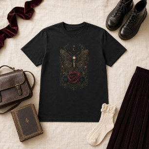 Camiseta Cabeça de Morte de Mariposa Gótica Vitoriana Rosas