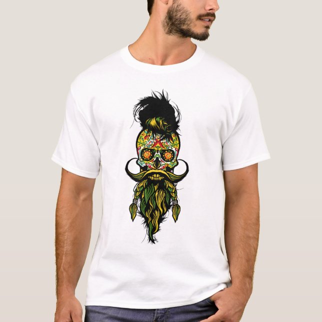 Camiseta cabeça de morte hipster crânio skull barbudo (Frente)
