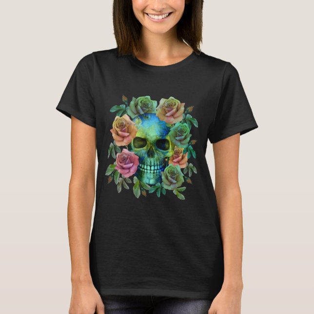 CAMISETA CABEÇA DE MORTO VERDE COM FLORES (Frente)