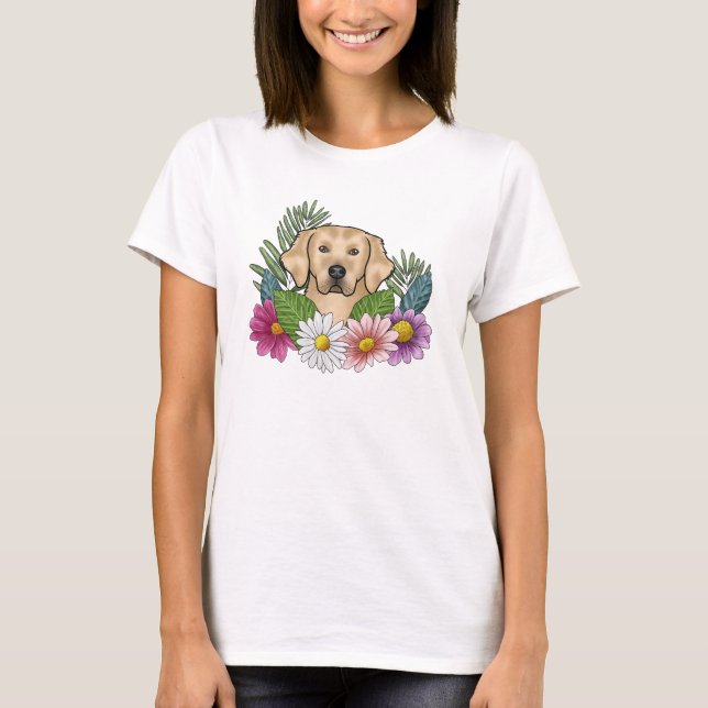 Camiseta Cabeça De Retriever De Ouro Amarelo Com Flores Col (Frente)