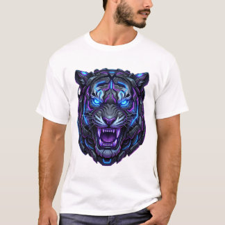 Camiseta Cabeça de Tigre Cyborg Mech Robot Cyberpunk Neon B