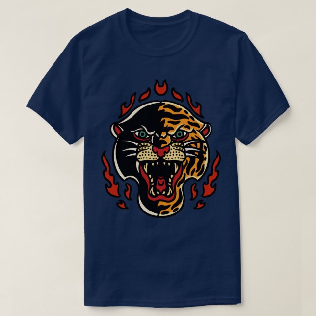 Camiseta Cabeça de Tigre do Pantero Retro com Chamas (Frente do Design)