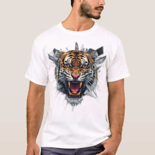 Camiseta Cabeça de Tigre Rugindo Obra de Arte em Vidro Queb