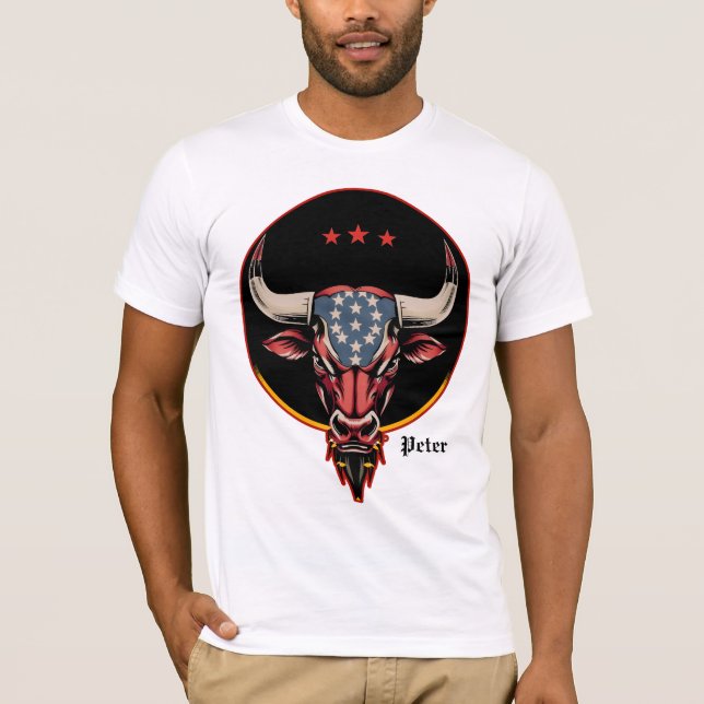 Camiseta Cabeça de touro Patriótica, um touro Americano. (Frente)