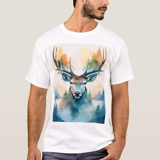 Camiseta Cabeça de veado com chifres e árvores da floresta (Frente)