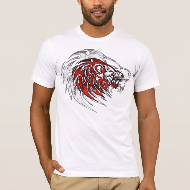 Camiseta Cabeça tribal vermelha do leão (Frente)