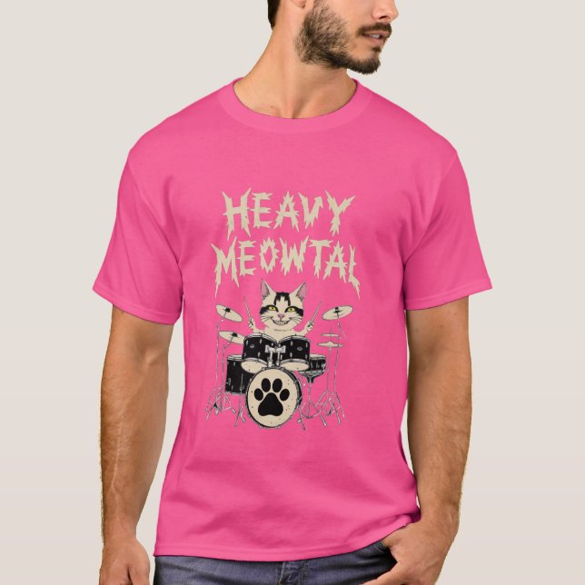 Camiseta Cabeçalho Meowtal Pesado Gift Drummer Cat Brincand (Frente)